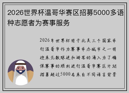 2026世界杯温哥华赛区招募5000多语种志愿者为赛事服务