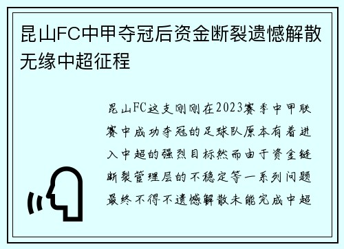 昆山FC中甲夺冠后资金断裂遗憾解散无缘中超征程